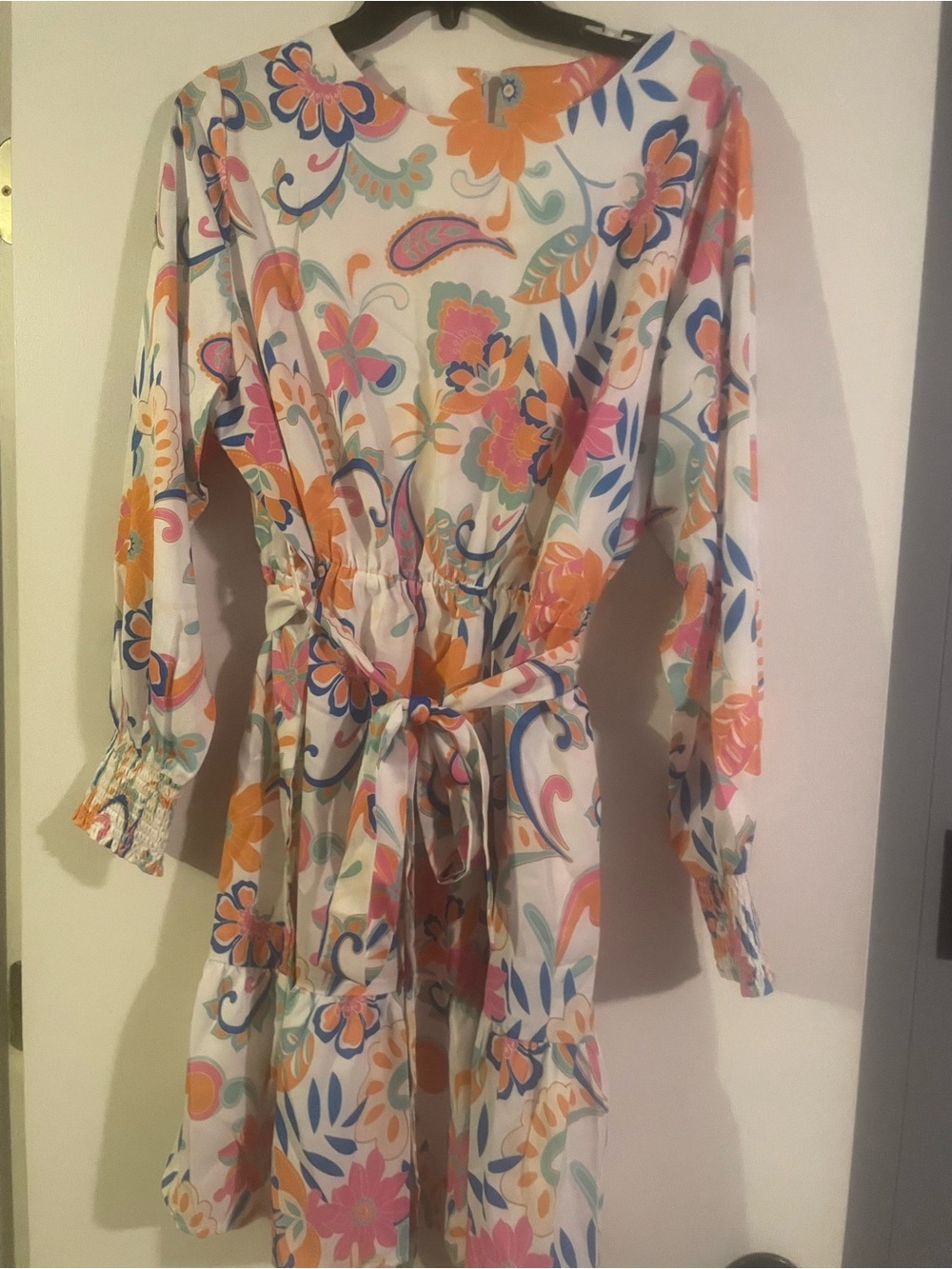 Floral Tie-Waist Long Sleeve Dress - White with Coral, Pink & Blue Print